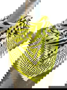 VERSACE YELLOW & BROWN ZEBRA PRINT SILK SCARF 34": VERSACE YELLOW & BROWN ZEBRA PRINT SILK SCARF 34" -VERY GOOD PRE OWNED CONDITION -APPROX 34" -VERSACE SILK SCARF IN BOLD YELLOW AND BROWN ZEBRA PRINT WITH SIGNATURE GREEK KEY BORDER. STRIKING DESIGN T