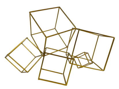CONTEMPORARY SCULPTURAL METAL CUBE ARTWORK 21": CONTEMPORARY SCULPTURAL METAL CUBE ARTWORK 21" -SHOWROOM CONDITION -APPROX 21" X 16" X 13" -FEATURES INTERLOCKING GEOMETRIC CUBES IN A SLEEK GOLD TONE FINISH. MODERN AND MINIMALIST, THIS STRIKING DECO