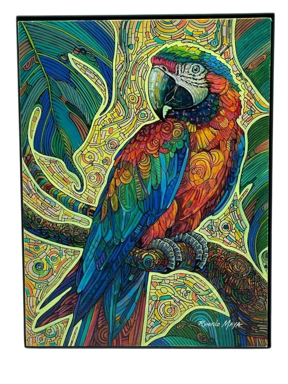 RICARDO MAYA 16" X 12" ORIGINAL PAINTING: RICARDO MAYA ORIGINAL PAINTING | RICARDO MAYA ORIGINAL PAINTING – VIBRANT 16" X 12" MIXED MEDIA WORK FEATURING A COLORFUL MACAW PARROT PERCHED ON A BRANCH, SET AGAINST AN INTRICATE, MOSAIC-STYLE BAC