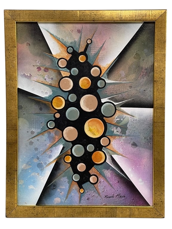 RICARDO MAYA ORIGINAL PAINTING: RICARDO MAYA ORIGINAL PAINTING | RICARDO MAYA ORIGINAL ABSTRACT PAINTING – STRIKING MIXED-MEDIA WORK FEATURING A CENTRAL BLACK ORGANIC FORM STUDDED WITH COLORFUL SPHERES, SET AGAINST A DRAMATIC BACK