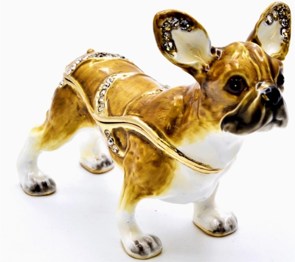 Swarovski Crystals French Bulldog Trinket Box: French Bulldog Trinket Box. Hand Set Swarovski Crystals & Enamel. French bulldog trinket box is a unique design. Hand-made by an artist using Swarovski crystal & enamel, gold plating. Inside of box is