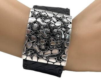 STERLING & LEATHER CUFF MOSAIC BRACELET 71.95G