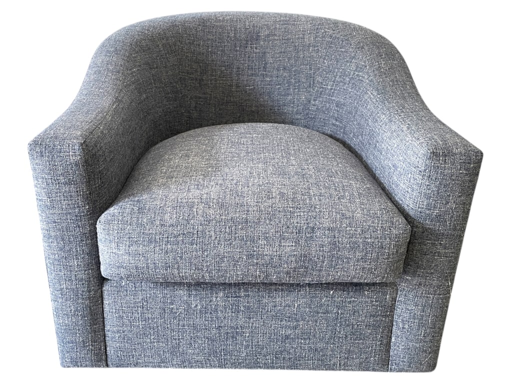 RENEE CAZARUS UPHOLSTERED BARREL BACK CLUB CHAIR: RENEE CAZARUS UPHOLSTERED BARREL BACK CLUB CHAIR FEATURING A SLEEK, CONTEMPORARY SILHOUETTE WITH CURVED ARMS AND TIGHT BACK DESIGN. COVERED IN A TEXTURED BLUE CHENILLE FABRIC THAT OFFERS BOTH COMFORT 