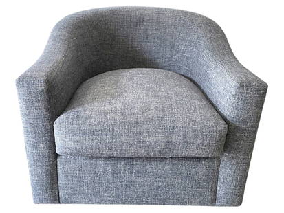 RENEE CAZARUS UPHOLSTERED BARREL BACK CLUB CHAIR: RENEE CAZARUS UPHOLSTERED BARREL BACK CLUB CHAIR FEATURING A SLEEK, CONTEMPORARY SILHOUETTE WITH CURVED ARMS AND TIGHT BACK DESIGN. COVERED IN A TEXTURED BLUE CHENILLE FABRIC THAT OFFERS BOTH COMFORT