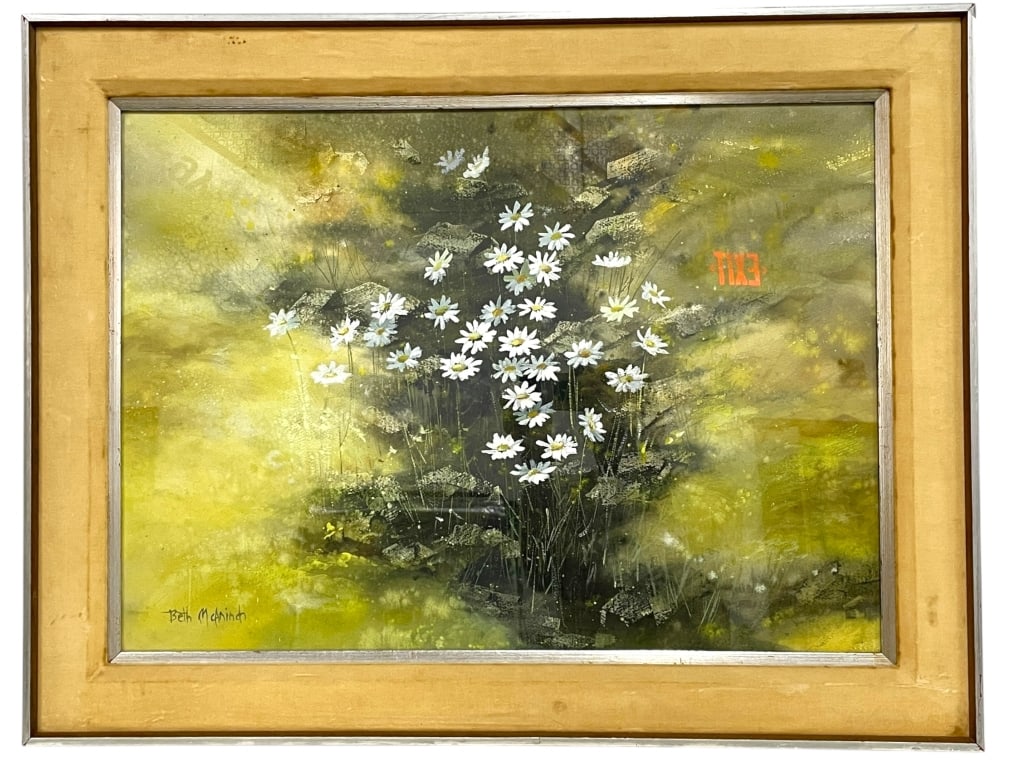 LARGE ORIGINAL WATERCOLOR BY BETH McANINCH 35": LARGE ORIGINAL WATERCOLOR BY BETH McANINCH DEPICTING A CLUSTER OF WHITE DAISIES AGAINST A LUSH, ABSTRACT GREEN BACKGROUND. THE WORK FEATURES TEXTURED LAYERS AND SOFT BRUSHWORK, BLENDING NATURAL BEAUTY