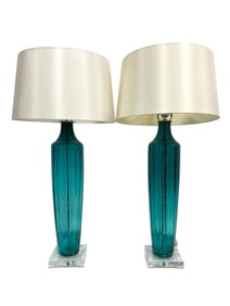 PAIR OF MODERN TEAL GLASS TABLE LAMPS 32"