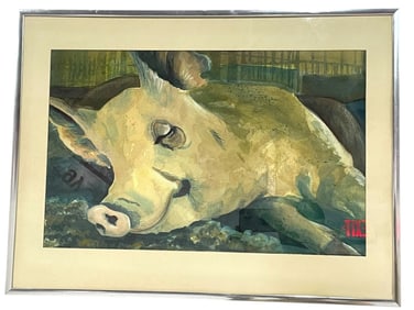 CONTEMPORARY PIG RESTING WATERCOLOR PAINTING 24.5"