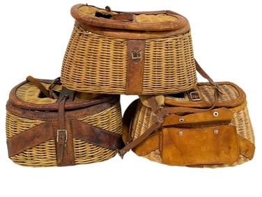 THREE VINTAGE WICKER AND LEATHER TROUT CREELS