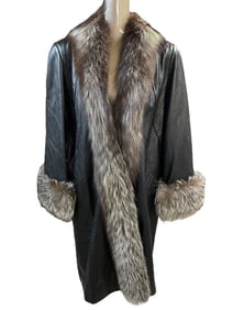 BALMAIN PARIS BLACK LEATHER COAT W/ FOX FUR COLLAR
