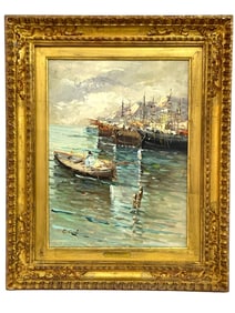 CURTI SEASCAPE W FIGURES & SHIPS OIL PAINTING 22"