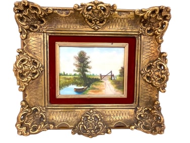 MINIATURE RIVERBANK LANDSCAPE PAINTING 12.5"