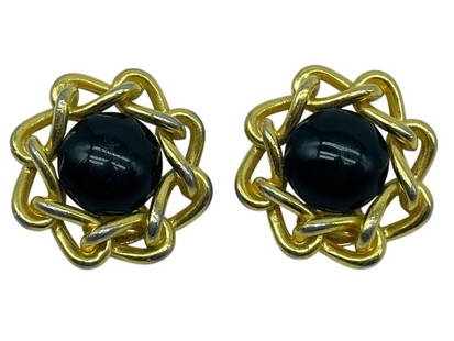 VINTAGE CHRISTIAN DIOR CLIP-ON EARRINGS: VINTAGE CHRISTIAN DIOR CLIP-ON EARRINGS FEATURING A BLACK DOMED CENTER STONE ENCIRCLED BY INTERWOVEN GOLD TONE CHAINS. THE REVERSE IS MARKED “CHR. DIOR ” ON THE CLIP MECHANISM. EACH EARRING ME