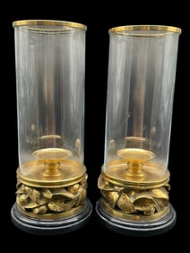 BRONZE-MOUNTED GLASS HURRICANE CANDLE HOLDERS