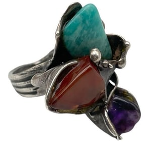 STERLING AND MULTI GEMSTONE RING SZ8 20.08G