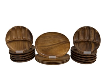 SET OF HAND-CARVED WOODEN SERVING PLATES 11"