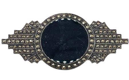 STERLING MARCASITE & BLACK ONYX BROOCH 31.52G