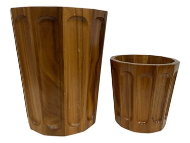 PAIR OF MONKEY POD WOOD WASTE BASKETS 16"