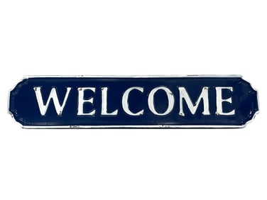NAVY BLUE AND WHITE ENAMEL "WELCOME" SIGN