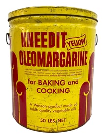 VINTAGE KNEEDIT YELLOW OLEOMARGARINE TIN 14.5"