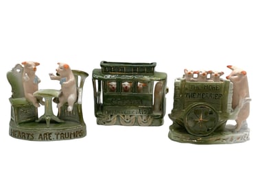LOT OF 3 GERMAN PORCELAIN HUMOROUS PIG FIGURINES