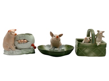 LOT OF 3 GERMAN PORCELAIN HUMOROUS PIG FIGURINES
