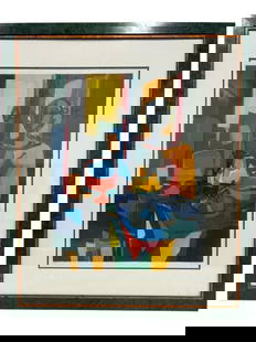 MODERNIST ABSTRACT FIGURAL LITHOGRAPH: - A BOLD AND COLORFUL ABSTRACT FIGURAL PRINT, LIKELY A MID- TO LATE-20TH CENTURY LITHOGRAPH, DEPICTING A SEATED FIGURE IN A VIBRANT GEOMETRIC INTERIOR. RENDERED IN SATURATED TONES OF YELLOW, BLUE, ORA