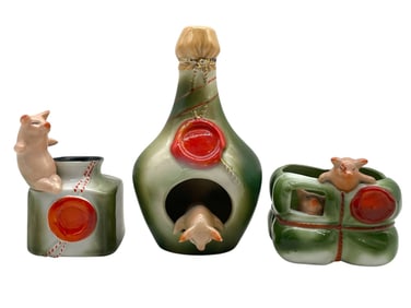 LOT OF 3 GERMAN PORCELAIN HUMOROUS PIG FIGURINES