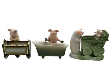 LOT OF 3 GERMAN PORCELAIN HUMOROUS PIG FIGURINES