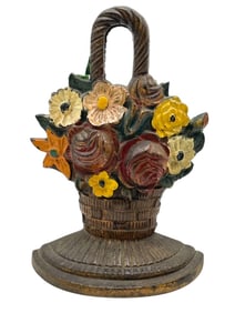 VINTAGE CAST IRON FLOWER BASKET DOORSTOP 9.5"