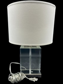 MODERN LUCITE AND CHROME LAMP WITH WHITE SHADE 18"