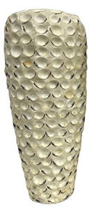 WHITE CERAMIC VASE W ABALONE SHELL INLAY 22": TALL WHITE CERAMIC VASE WITH ABALONE SHELL INLAY A STRIKING TALL CERAMIC VASE FEATURING AN INTRICATE ABALONE SHELL TEXTURED SURFACE WITH GLOSSY WHITE GLAZE. DESIGNED IN A CLASSIC CYLINDRICAL FORM