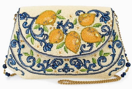 NEW MARY FRANCES CAPRI LEMON CROSSBODY HANDBAG: NEW MARY FRANCES CAPRI LEMONS YELLOW AND BLUE BEADED CROSSBODY HANDBAG_x005F-NEW_x005F-CAPRI LEMONS HANDBAG CAPTURES THE ESSENCE OF A SUNNY ITALIAN GETAWAY WITH ITS BEADED BRIGHT YELLOW LEMONS AND