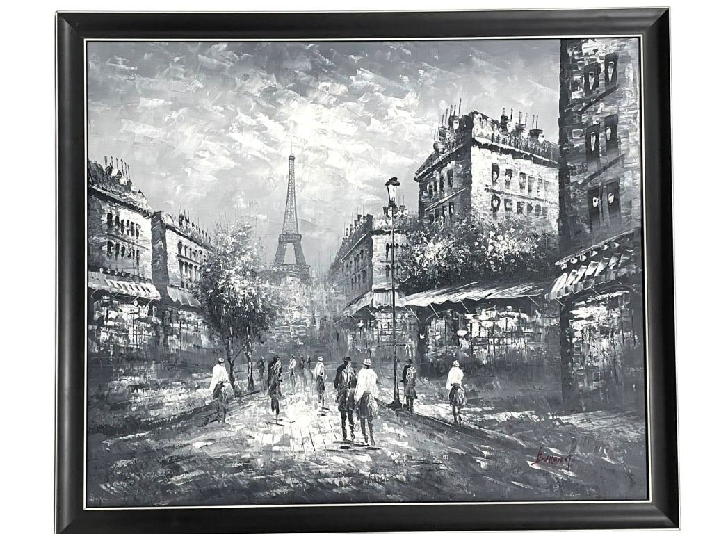 PARIS STREET SCENE OIL PAINTING: PARIS STREET SCENE OIL PAINTING | SIGNED PARIS STREET SCENE OIL PAINTING WITH EIFFEL TOWERDRAMATIC BLACK-AND-WHITE OIL ON CANVAS DEPICTING A BUSY PARIS STREET WITH PEDESTRIANS AND A MARKET, SET AGAINS