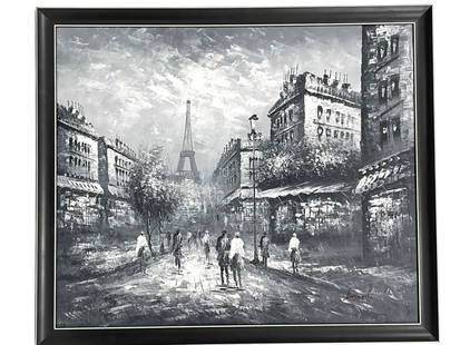 PARIS STREET SCENE OIL PAINTING: PARIS STREET SCENE OIL PAINTING | SIGNED PARIS STREET SCENE OIL PAINTING WITH EIFFEL TOWERDRAMATIC BLACK-AND-WHITE OIL ON CANVAS DEPICTING A BUSY PARIS STREET WITH PEDESTRIANS AND A MARKET, SET AGAINS