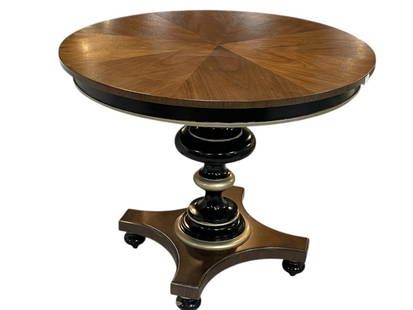 ETHAN ALLEN ENTRANCEWAY TABLE 36": ETHAN ALLEN ENTRANCEWAY TABLE | ETHAN ALLEN ROUND ENTRYWAY TABLE – STRIKING DESIGN FEATURING A 36" DIAMETER SUNBURST VENEER TOP IN A WARM WALNUT FINISH, RESTING ON A SCULPTURAL TURNED PEDESTAL BASE