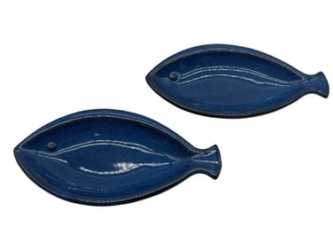 BLUE GLAZED FISH-SHAPED CERAMIC SERVING DISHES 8"