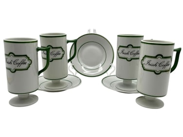 IRISH COFFEE WHITE AND GREEN 4 MUGS/3 SAUCERS