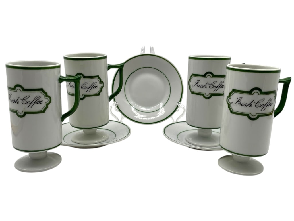 IRISH COFFEE WHITE AND GREEN 4 MUGS/3 SAUCERS: IRISH COFFEE WHITE AND GREEN 4 MUGS/3 SAUCERS -VERY GOOD PRE OWNED CONDITION -SET OF 4 MUGS (APPROX 4.5") AND 3 SAUCERS (APPROX 4.25")