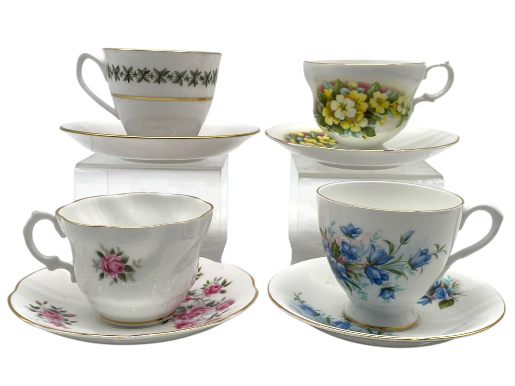 4 ASSORTED FLORAL TEACUPS AND SAUCERS: 4 ASSORTED FLORAL TEACUPS AND SAUCERS -VERY GOOD PRE OWNED CONDITION -4 TEACUPS AND 4 SAUCERS -ROSINA AND PROVINCE
