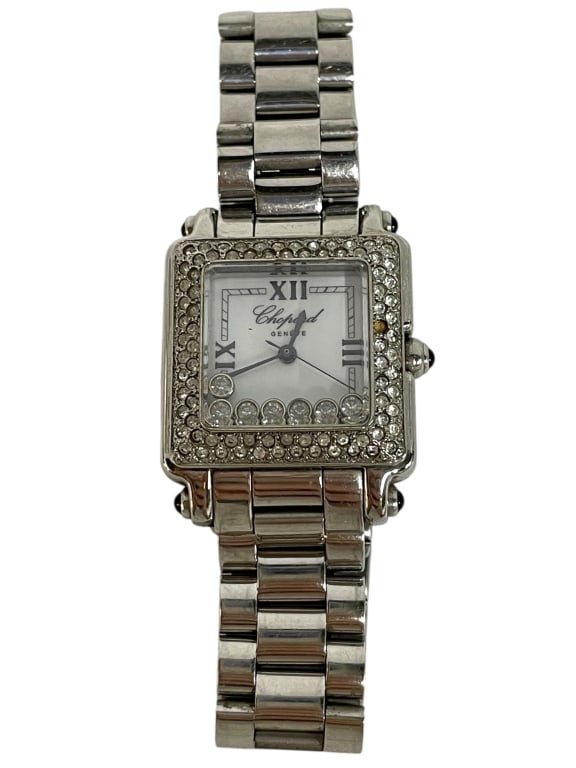 CHOPARD STYLE HAPPY SPORT WOMENS WATCH: CHOPARD STYLE HAPPY SPORT WOMENS WATCH -GOOD PRE OWNED CONDITION, MISSING STONE ON FACE (SEE PHOTOS) -SQUARE STAINLESS STEEL CASE SET WITH PAVE STONES, WHITE DIAL WITH ROMAN NUMERALS, AND SIGNATURE FL