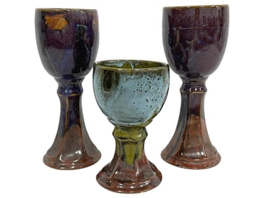 3 SIGNED JOHN SHEDD STUDIO POTTERY GOBLETS