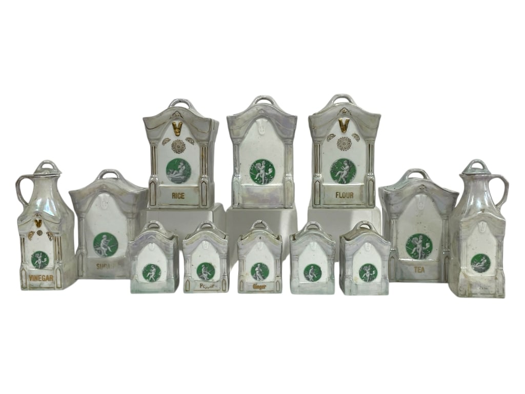 WHITE BLOCK GERMAN LUSTREWARE CANISTERS (12) (1 of 8)