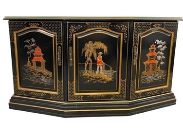 BLACK LACQUER CHINOISERIE SIDEBOARD CABINET 54.5"