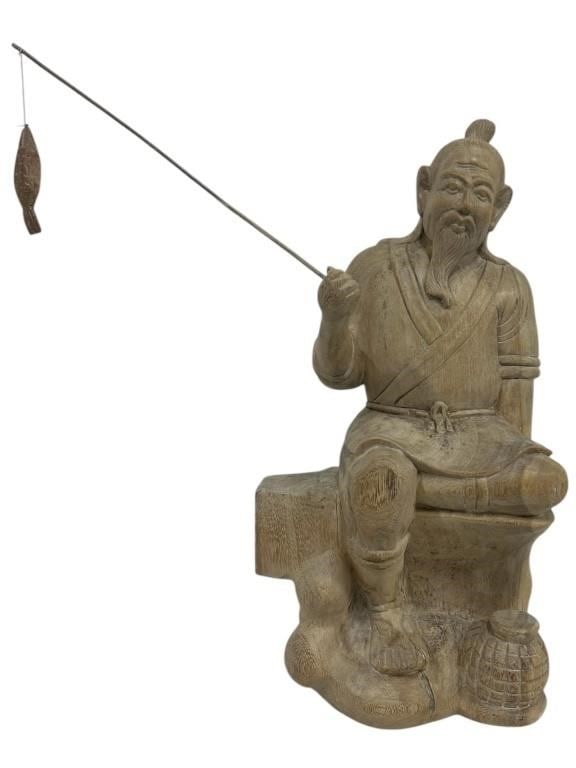 ASIAN STYLE HANDCARVED WOODEN SCULPTURE 22": - HAND-CARVED WOODEN SCULPTURE OF AN ELDERLY FISHERMAN SEATED ON A ROCK WITH A LONG FISHING POLE AND BASKET AT HIS FEET. BEAUTIFULLY DETAILED FACIAL FEATURES, ROBES, AND TEXTURES THROUGHOUT. A CHARMIN