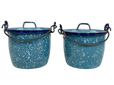 PAIR OF BLUE ENAMEL BERRY BUCKETS W/ LIDS