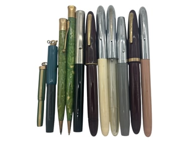 LOT OF 11 VINTAGE FOUNTAIN PENS, PENCILS 6"