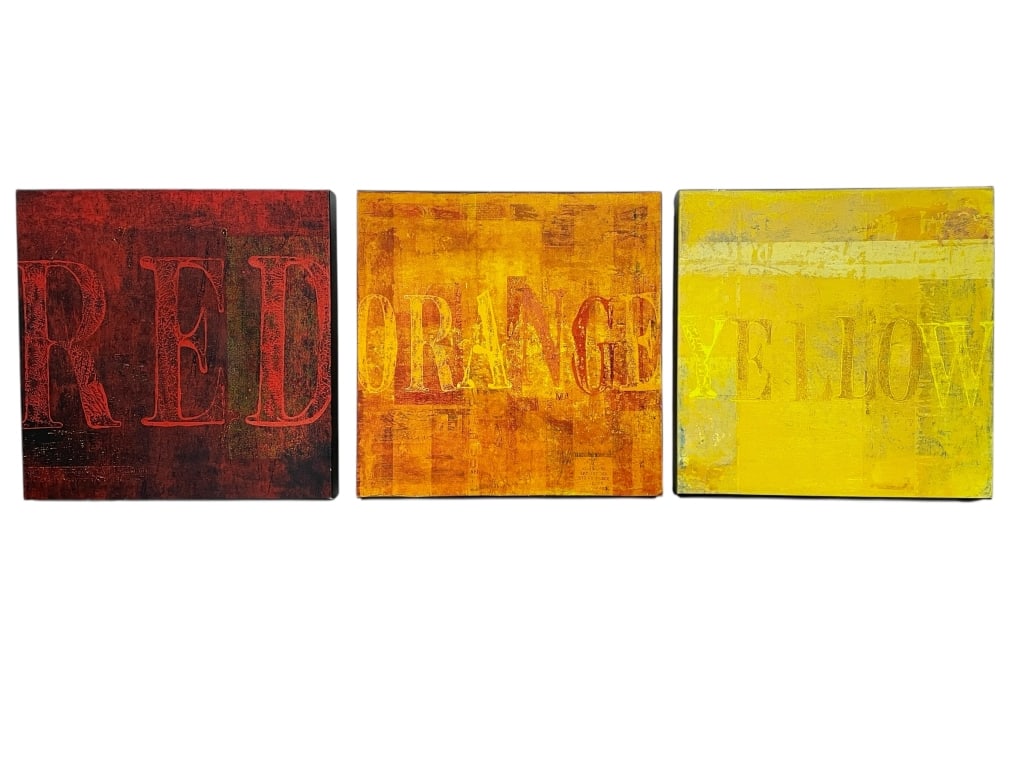 MINIMALIST WORD ART 3 PIECES 16.5": MINIMALIST WORD ART 3 PIECES 16.5" -VERY GOOD PRE OWNED CONDITION -APPROX 16.5" X 16" X 1.5" -VIBRANT AND CONTEMPORARY POP-ART STYLE PERFECT FOR MODERN INTERIORS OR ART COLLECTORS. -JA 052225