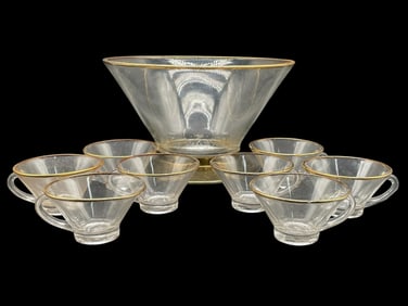 MID CENTURY MODERN GLASS PUNCH BOWL W/ 8 CUPS