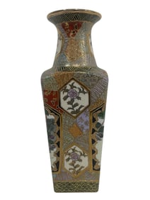 JAPANESE SATSUMA STYLE HEXAGONAL VASE 12.5"