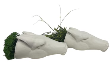 PAIR OF WHITE CERAMIC HORSE HEAD PLANTERS 21"
